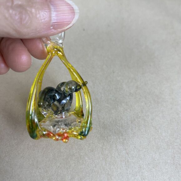 Vintage Mini Spun Blown Glass Bird In Cage Overhang w/Stand 6” Art Decor Display - Picture 7 of 12